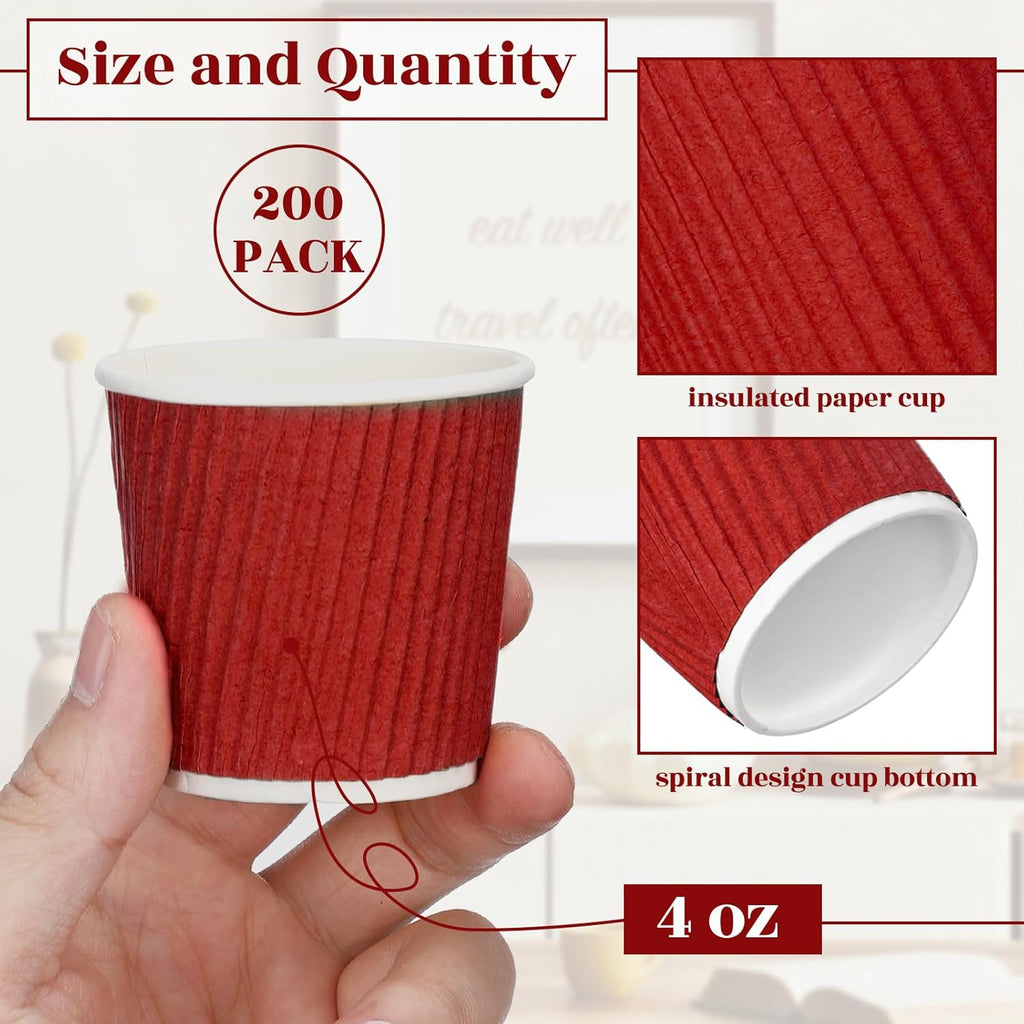 Yaomiao 200 Pcs 4 oz Disposable Espresso Coffee Cups Ripple Corrugated Paper Insulated Hot Cups for Party Cold Drinks Hot Beverage Tea(Red)