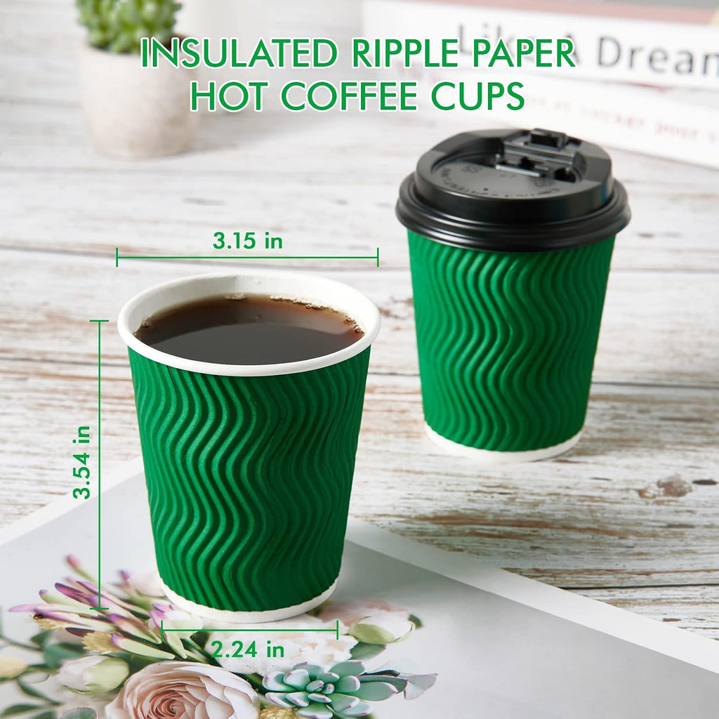 100 Count 8 OZ Coffee Cups with Lids, Insulated Ripple Wall Paper Hot Coffee Cups for Hot Drinks