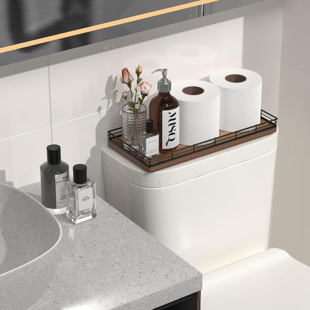 Acacia Bathroom Toilet Tank Tray, 13" Wood Toilet Paper Storage Basket Back of Toilet Basket Organizer, Vanity Tray for Perfume Makeup Candle Kitchen Counter Coffee Table Decor