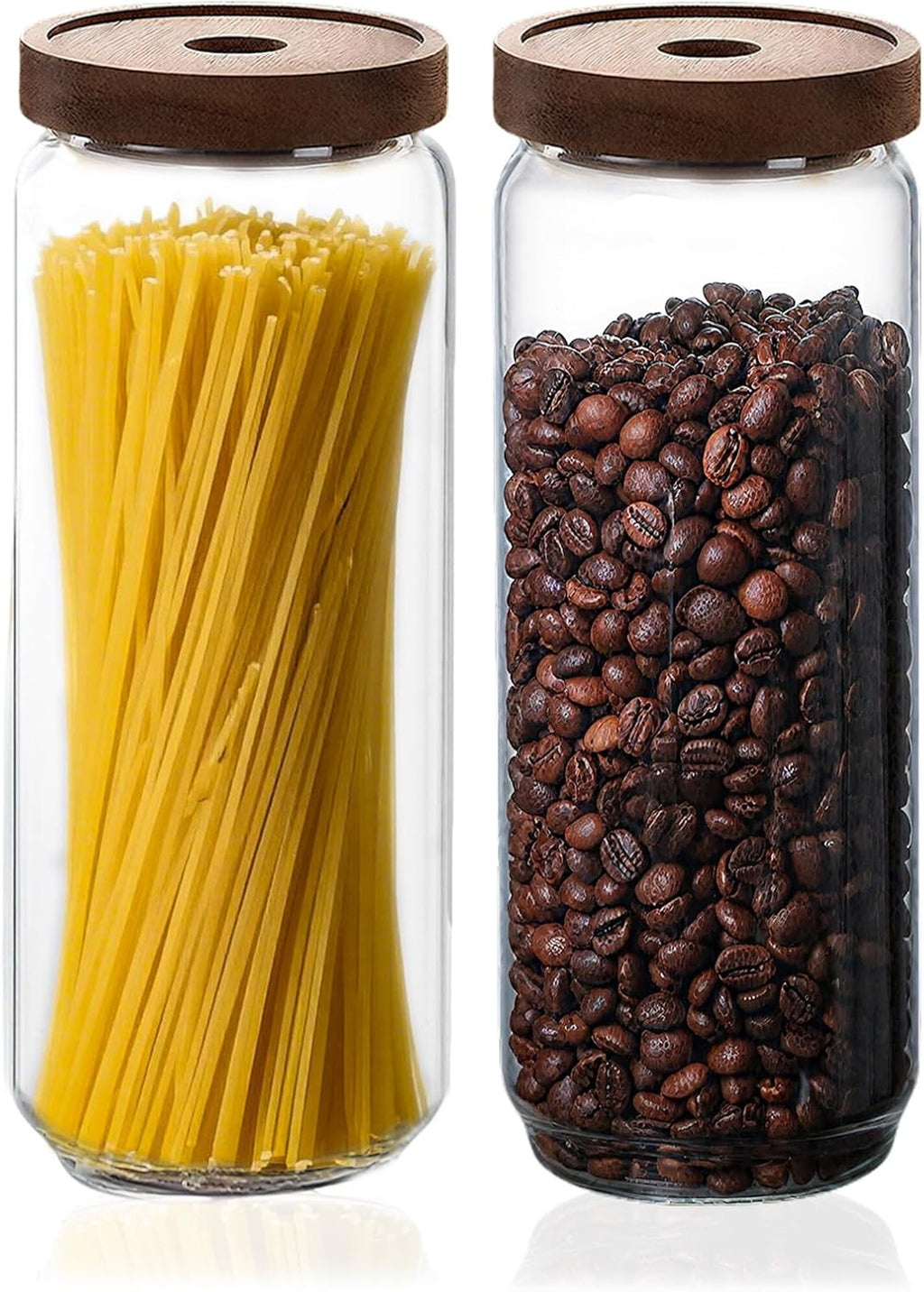Glass Jars with Airtight Wood Lids - 57 oz Large Kitchen and Pantry Storage Containers, Canisters for Spaghetti, Noodles, Pasta, Ground Coffee, Sugar, Cereal, Set of 2