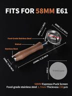 58mm Bottomless Portafilter | Fits for E61 Group Head 2 Ears machines| Stainless Steel portafilter and Walnut wood Handle|Espresso Machine Accessories(Walnut)