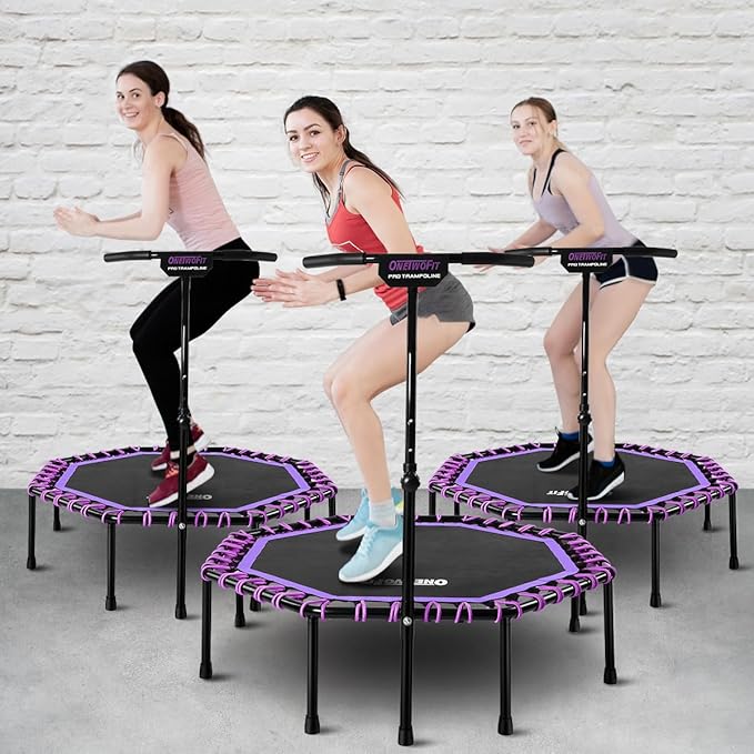 ONETWOFIT 51" Silent Trampoline with Adjustable Handle Bar, Fitness Trampoline Bungee Rebounder Jumping Cardio Trainer Workout for Adults…