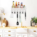 Shelf with Hooks, Coat Rack Wall Mount with 6 Double Metal Hooks, 17 Inch Farmhouse Wall Hooks with Shelf for Entryway, Bathroom, Kitchen, White