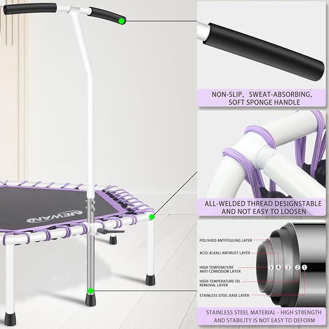Newan 48'' Fitness Trampoline with Adjustable Handle Bar, Silent Trampoline Bungee Rebounder Jumping Cardio Trainer Workout for Adults - Max Limit 330 lbs