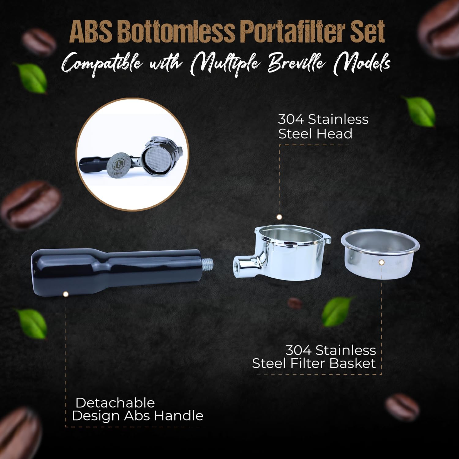 54mm Bottomless Portafilter 3 Ears ABS Handle – Fits Breville Barista Express, Bambino, Impress, Duo Temp Pro and Infuser – Includes 18g Filter Basket Hands-Free Dosing Funnel & 1.7mm Puck Screen
