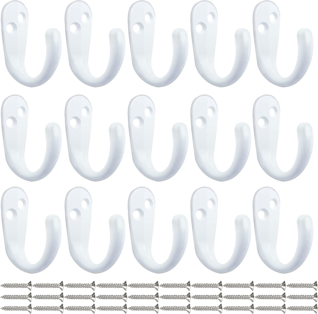 IBosins 15PCS Coat Hooks Wall Mounted Single Prong Robe Hook for Hanging Towel Hooks with 30 Screws for Bags, Hat, Cap, Scarf, Cup (White)