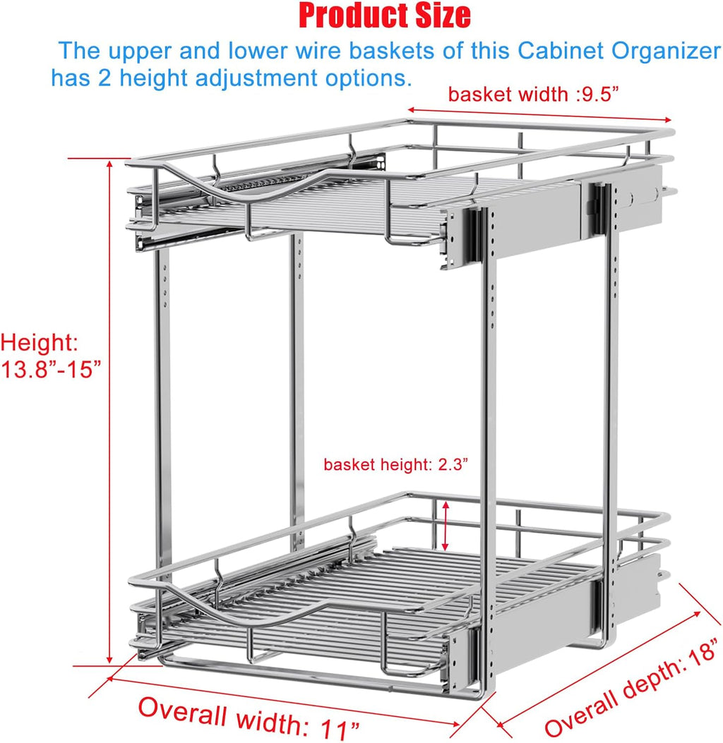DINDON 2 Tier Pull Out Cabinet Organizer (11" W x 18" D) Heavy-Duty Metal Sliding Drawer Shelf, Two Tier Pull Out Shelves for Kitchen Cabinets, Pantry, Bathroom, Chrome Finish