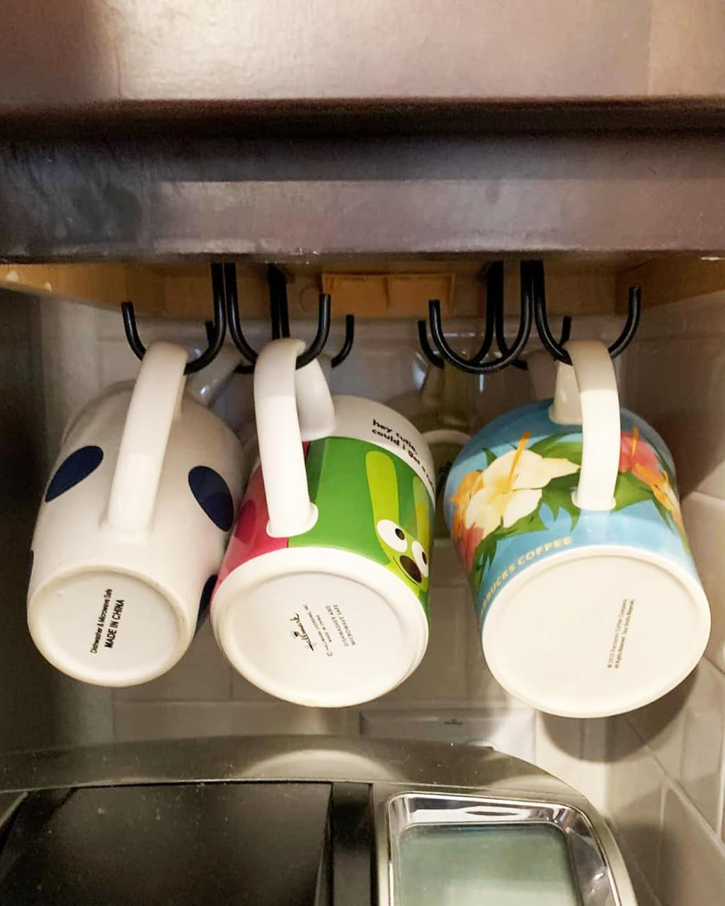 Mug Rack Under Cabinet 12 Mug Hooks Coffee Cup Holder Under Shelf Display Hanging Cups Organizer Hanger for Bar Kitchen Utensils - Black