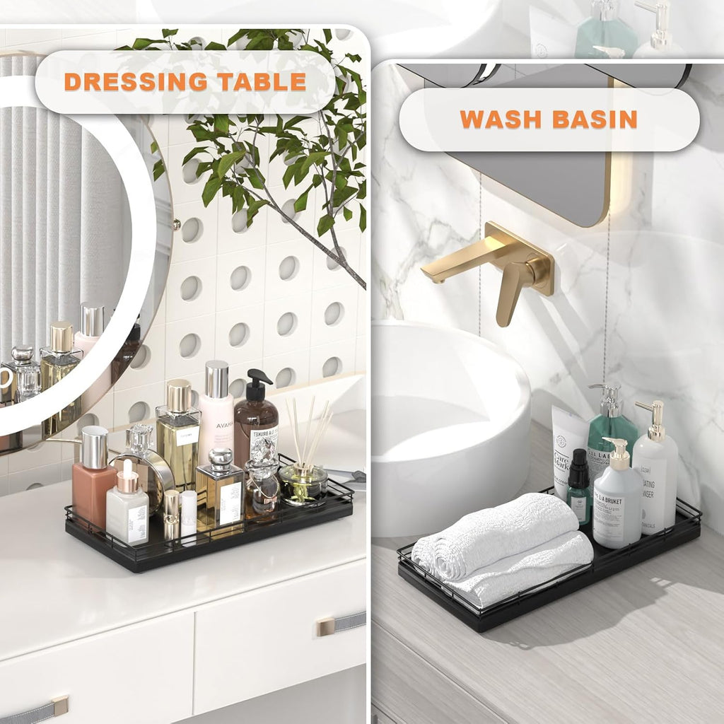 Oak Bathroom Toilet Tank Tray, 13" Wood Toilet Paper Storage Basket Back of Toilet Basket Organizer, Vanity Tray for Perfume Makeup Candle Kitchen Counter Coffee Table Black Tray Decor