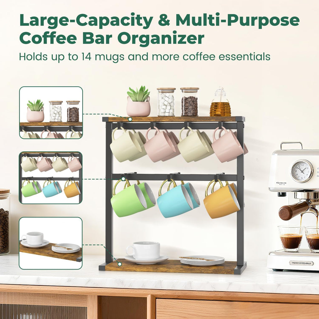 EsLuker.ly Coffee Mug Holder Cup Tree Rack for Countertop, 2 Tier Rustic Wood Coffee Bar Station Organizer Narrow Display Stand for Kitchen Office, Hold 14 Mugs with Sturdy Base, Free Up Counter Space