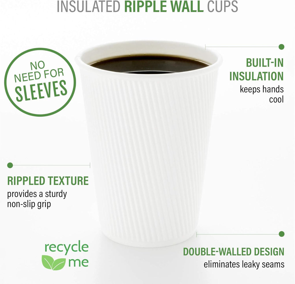 Restaurantware 16 Ounce Ripple Wall Disposable Coffee Cups, 500 Insulated White Paper Tumblers with Rolled Rim Design, Lids Sold Separately for Hot Drinks like Tea, Hot Chocolate and More