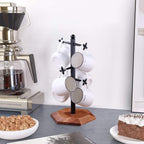 Coffee Mug Holder, Mug Tree for Counter, Cup Holder with 6 Floral Hooks, Wooden Mug Rack, Mug Stand for Counter, Coffee Bar Station Organizer, Black