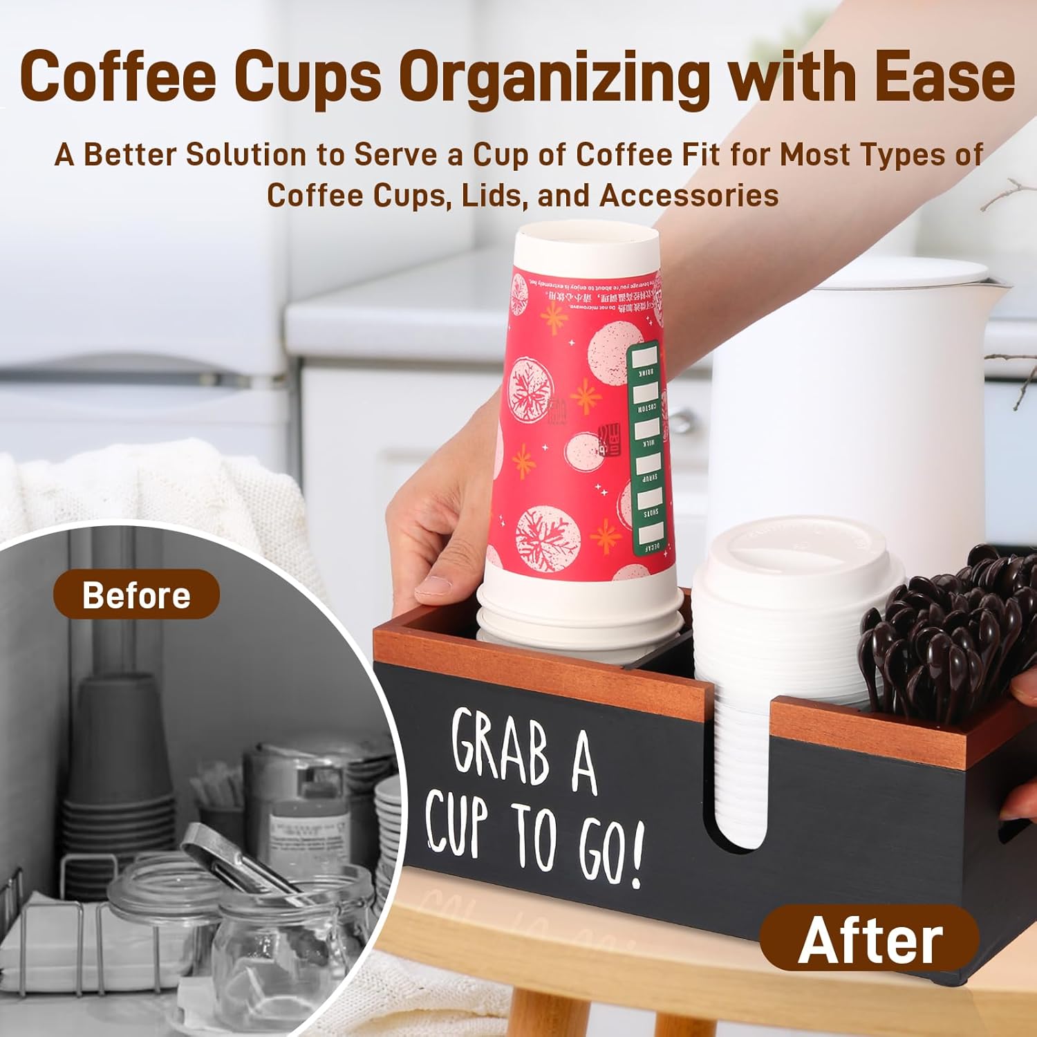 100% Wooden Coffee Cups Holder with U-Shape Cutout Design for Countertop-Coffee Bar Organizer for Cups, Lids, Pods, Stirrers, and Accessories, Great Gift for Home or Office