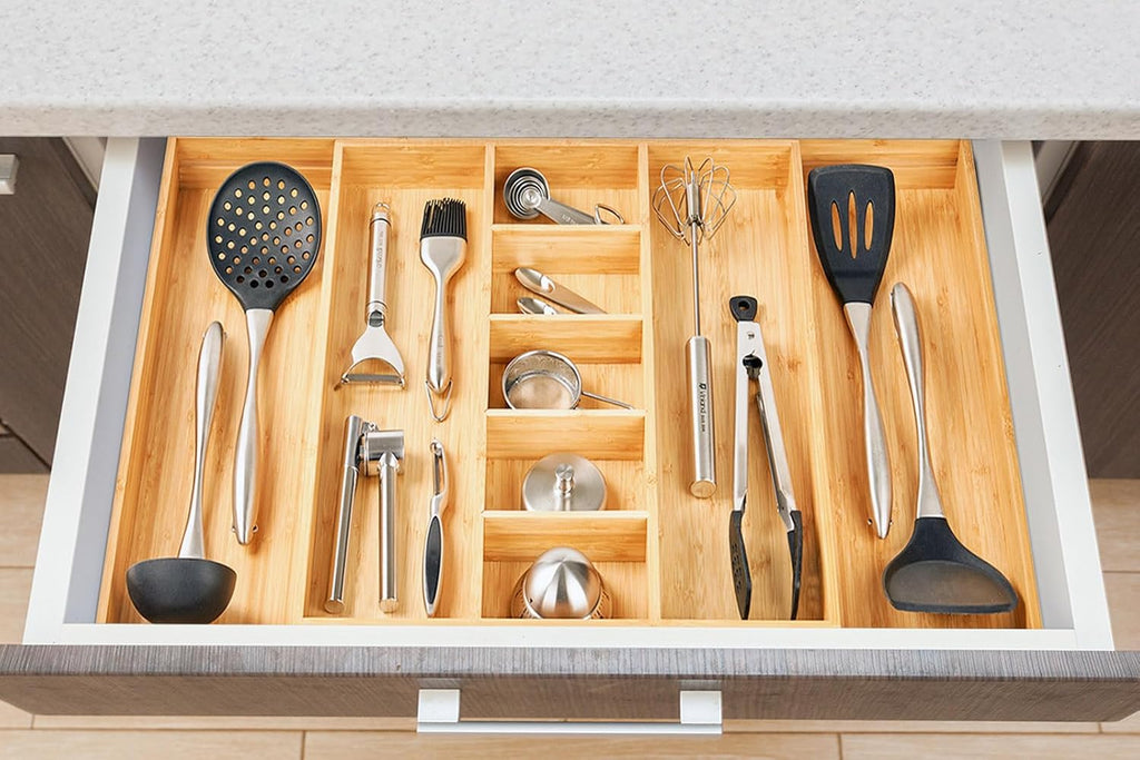 Umilife Extra Large Expandable Kitchen Drawer Organizer for Utensil and Junk, 19" Deep for Big Drawer, 17" to 28" Adjustable Bamboo Wood Drawer Divider, Cutlery Tray, Flatware Holder