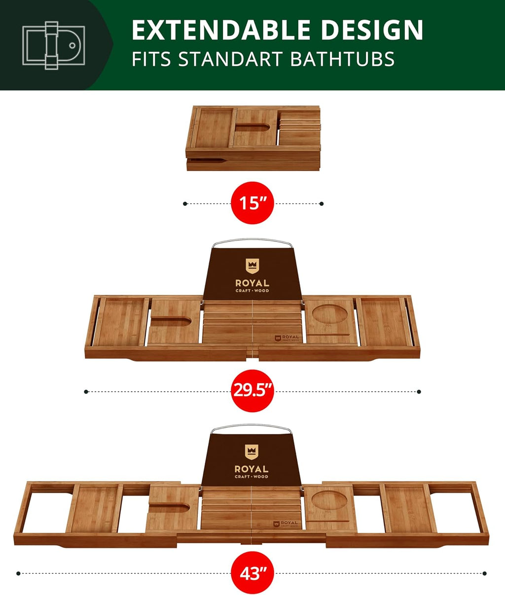 ROYAL CRAFT WOOD Premium Foldable Bathtub Tray - Wood Bath Tray for Tub, Bamboo Shelf, Expandable Bath Table Trays, Bathtub & Bathroom Accessories for New Home Gifts for Mom