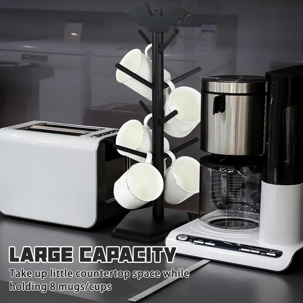 Bat Mug Holder Tree - 8 Hooks Coffee Mug Rack - Gothic Home Decor Wood Coffee Mug Tree for Countertop - Coffee Cup Holder for Halloween Kitchen Organizer & Coffee Bar Accessories, Black