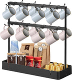 Coffee Mug Holder for Countertop, Cup Holder Rack with Slidable 16 Hooks, Large Mug Holder with Storage Base for Coffee Bar, Kitchen, Dining Room - Black
