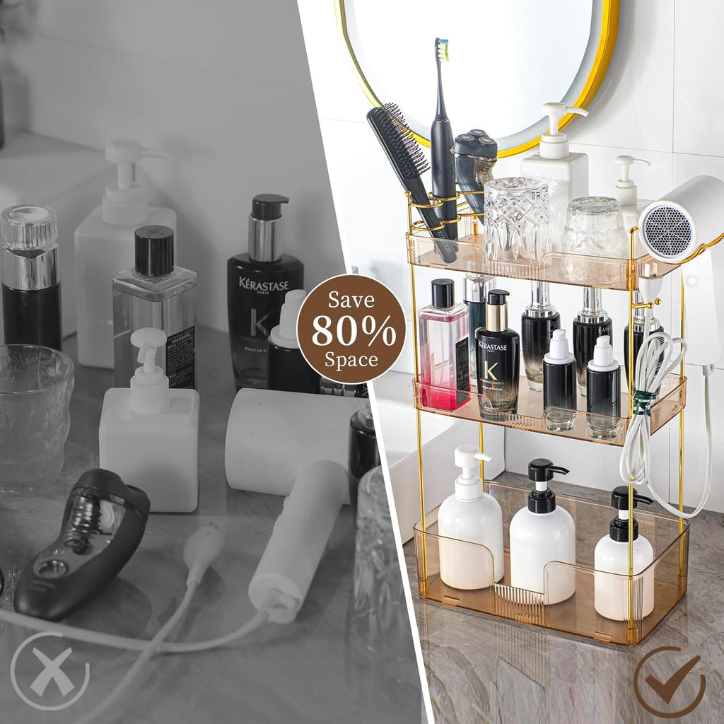 YCIA&DONE Luxury Bathroom Counter Organizer, Large Makeup Organizer Countertop, Shelf Organizer, Vanity Tray, Easily Assemble for Bathroom Organizers and Storage, Undersink, Cabinet,3 Tiers Amber