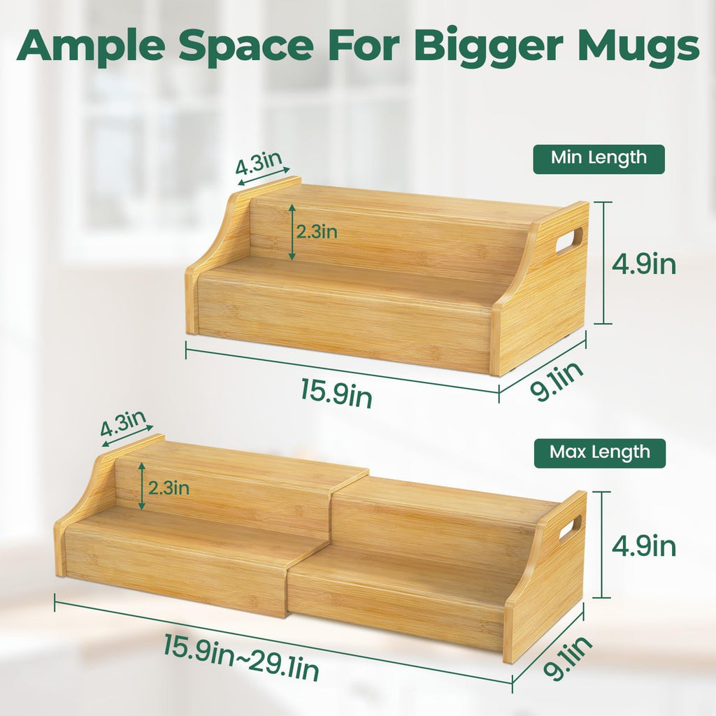 EsLuker.ly Coffee Mug Cup Holder Rack for Cabinets Countertop, 2 Tier Expandable Mug Storage Organizer Bamboo Coffee Bar Station Display Stand Shelf for Kitchen Countertop, No Assembly, More Space