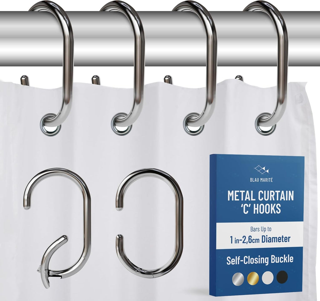 12 Metal Shower Curtain Hooks, Rust-Proof Decorative C-Shaped Curtain Hooks for Bathroom, Chrome Shower Curtain Rings, Fits Rods Up to 1 Inch (C, Silver)