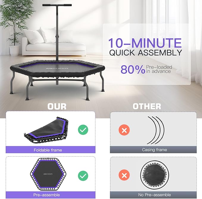 ANCHEER 50" Rebounder Trampoline for Adults With Bar, 550 LBS Mini Trampoline Quiet Exercise Bungee Jumping Cardio Trainer Workout