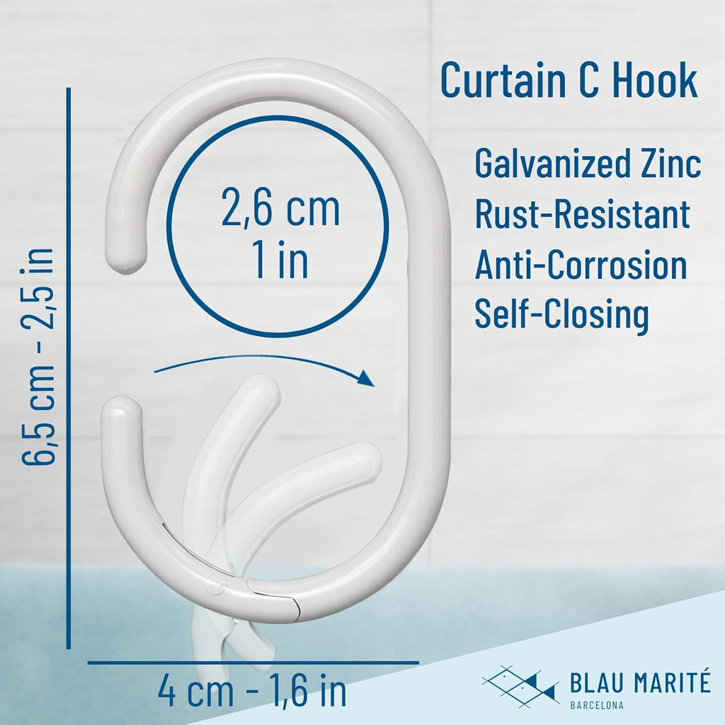12 Metal Shower Curtain Hooks, Rust-Proof Decorative C-Shaped Curtain Hooks for Bathroom, White Shower Curtain Rings, Fits Rods Up to 1 Inch (C, White)