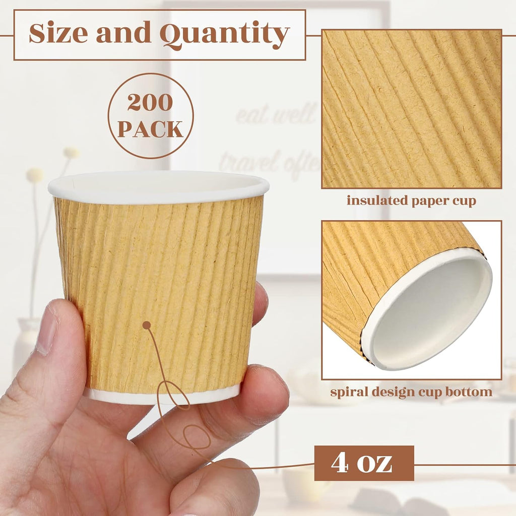 Yaomiao 200 Pcs 4 oz Disposable Espresso Coffee Cups Ripple Corrugated Paper Insulated Hot Cups for Party Cold Drinks Hot Beverage Tea(Kraft Paper Color)