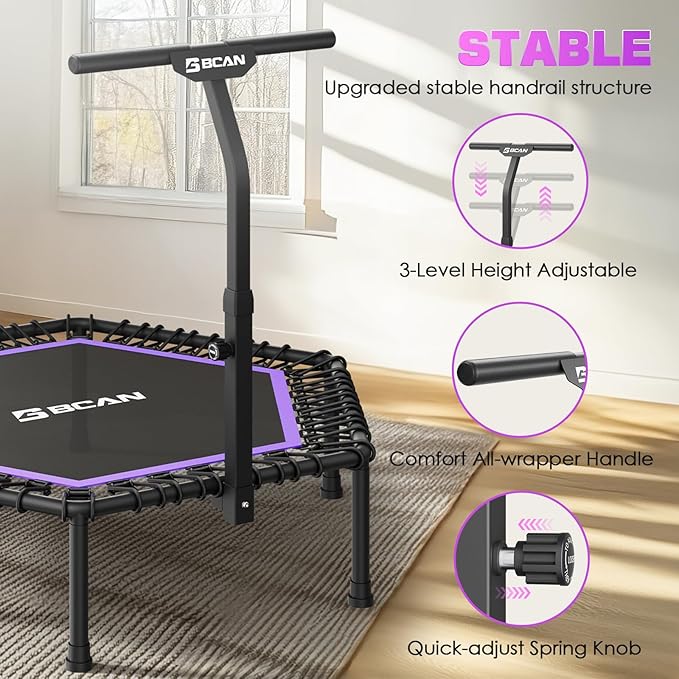 BCAN 51" Mini Hexagon Trampoline, Max Load 450 LBS Fitness Trampoline with T-Adjustable Handle Bar, Silent Bungees, Larger, More Stable, Quieter Exercise Rebounder for Adults Indoor/Garden Workout