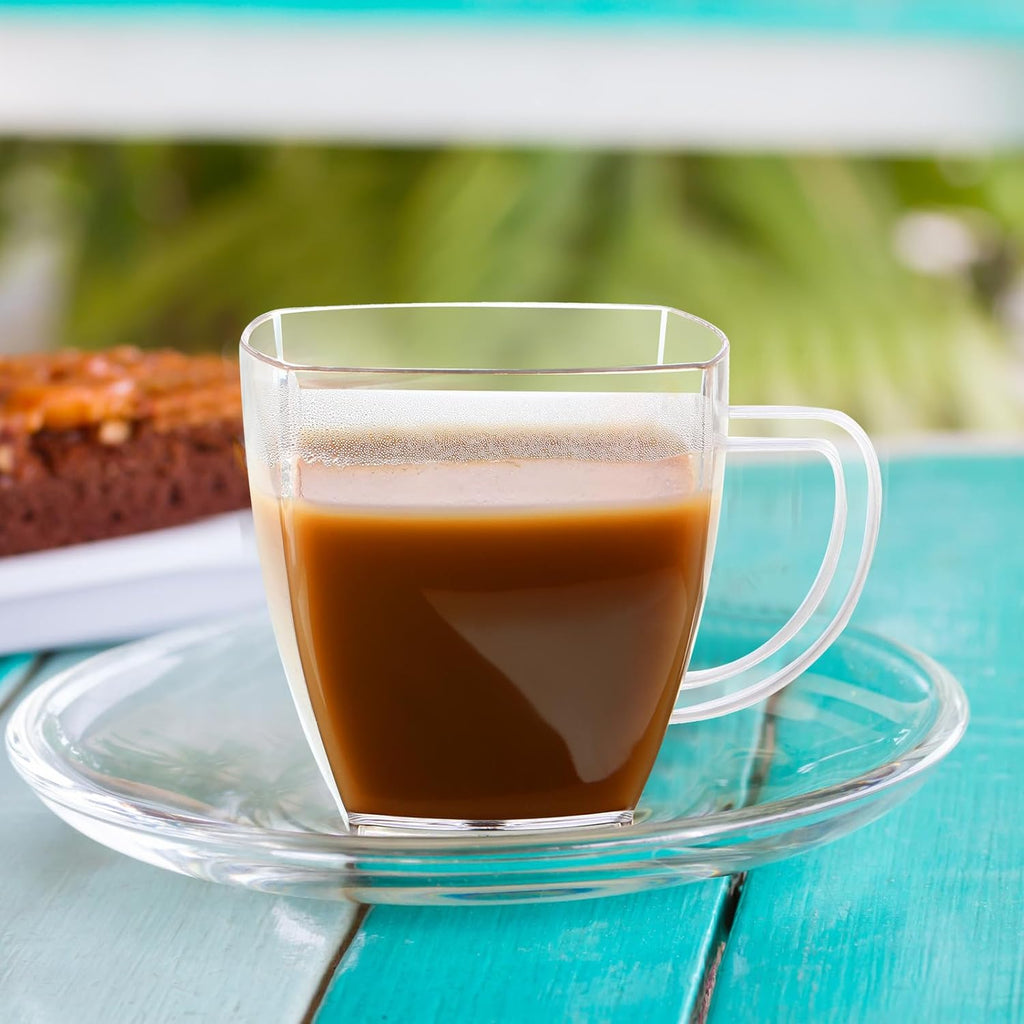 Amyhill 50 Pcs Disposable Tea Cups Mini Plastic Tea Cup Bulk with Handle Hard Plastic Coffee Mug Disposable Square Espresso Mug for Party Catering (Transparent)