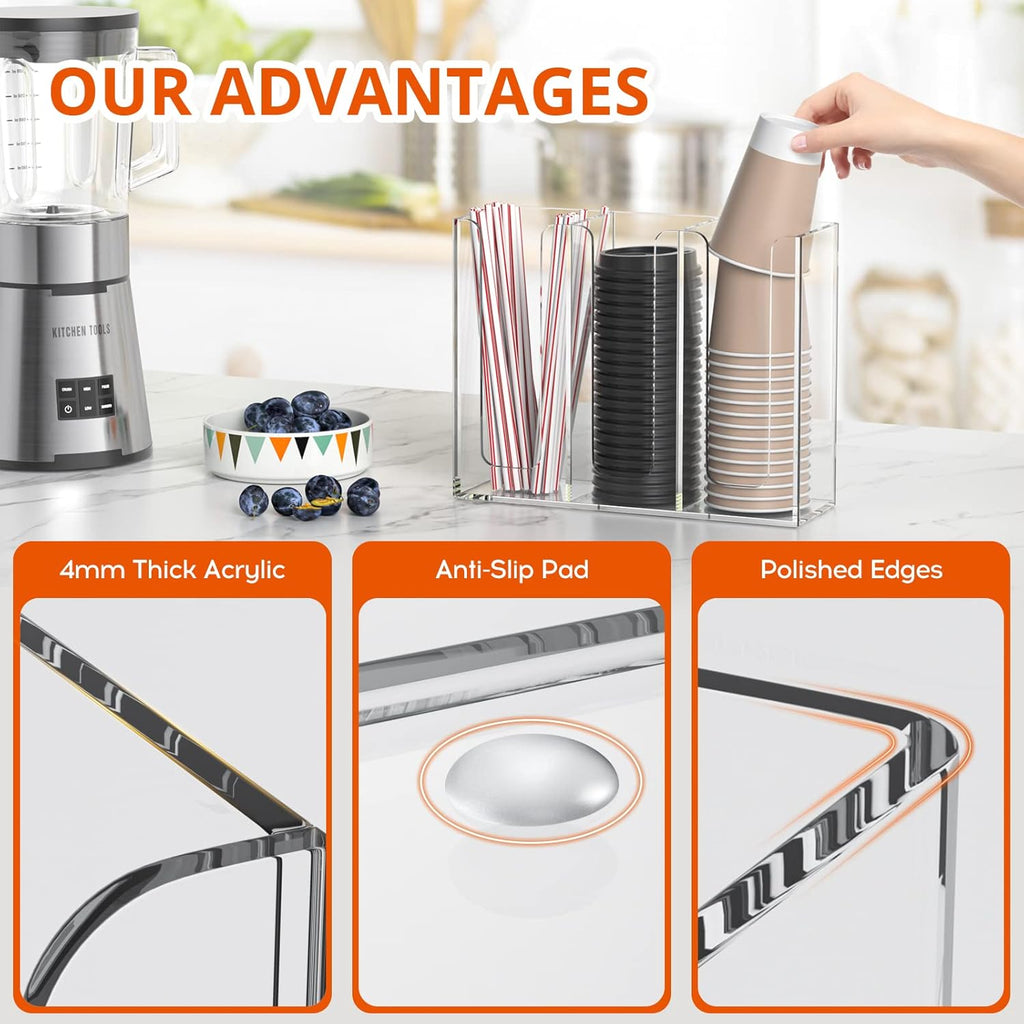 Richboom Acrylic Coffee Cup and Lid Storage Organizer Holder, 3 Compartments, Clear