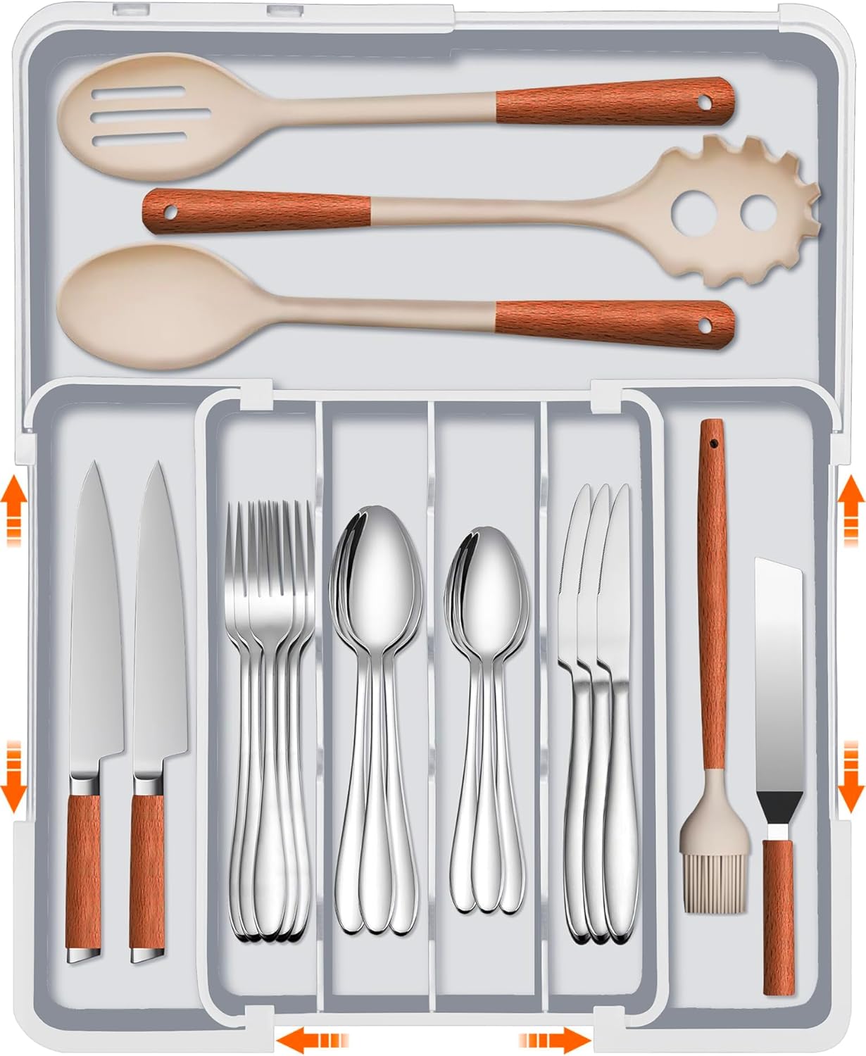 Expandable Silverware Drawer Organizer BPA Free Cutlery Organizer Small Utensil Organizer for Kitchen Drawers Adjustable Spoons Forks Knives Storage Divider, Gray