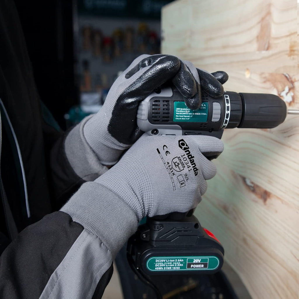 ANDANDA Smart Touch Work Gloves - 12 Pairs, 3D Comfort Stretch Fit, Nitrile Coated with Grip, Seamless Knit Nylon, Suitable for Warehousing, Black (XXL)