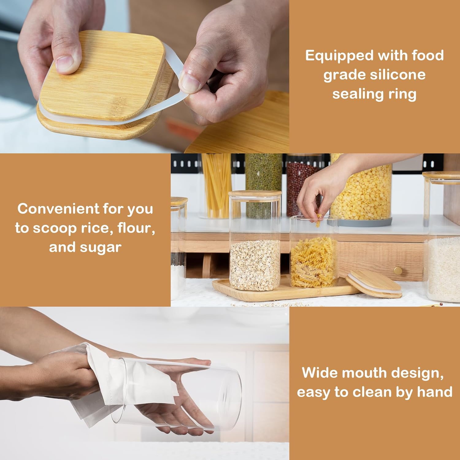 70oz Straight cylindrical Airtight Storage Jars with Bamboo Lid Set of 3 Storage Container Glass Jars, Kitchen Canister for Noodles, Pasta and Coffee beans (‎with Black Lable)