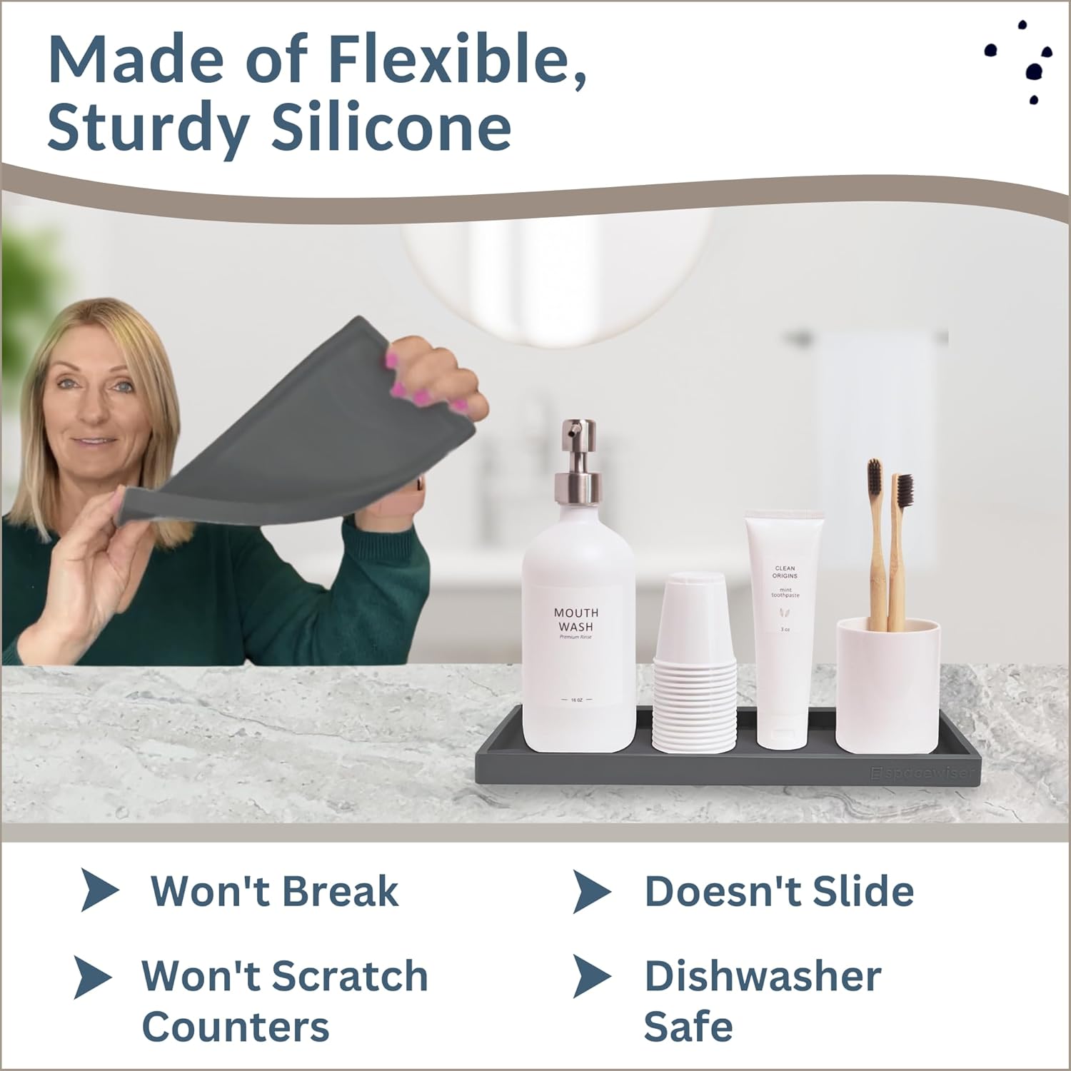 Countertop and Vanity Tray - 11.7" Silicone Bathroom Tray Countertop, Dish Soap Trays for Kitchen Counter, Sink Organizer Caddy Accessories, Toilet Plant Shower Makeup Mat Oil Holder