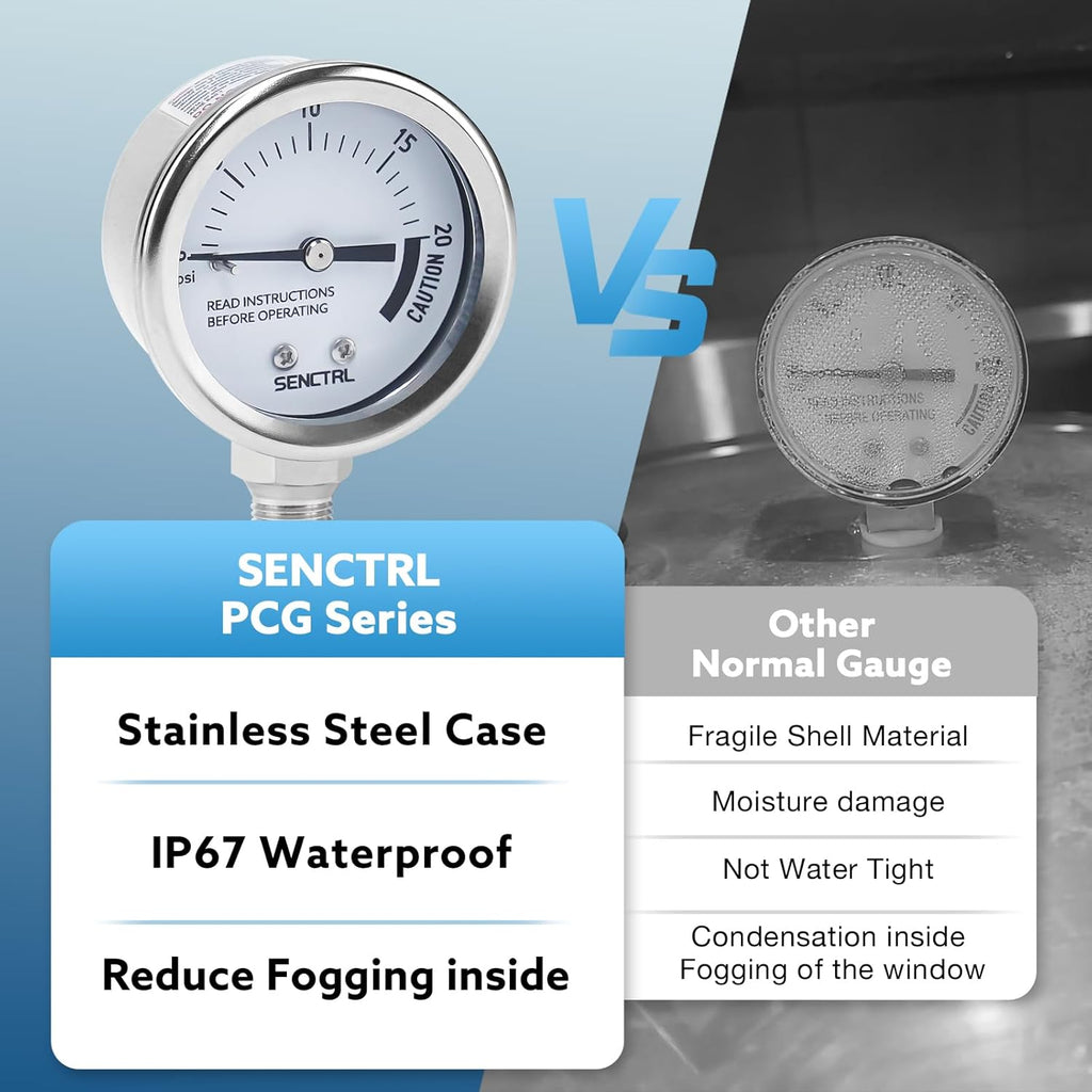 SENCTRL 0-20 Psi Pressure Cooker Canner Gauge Replacement Part, 2" Dial Size, Stainless Steel Case, 1/8" NPT Male Lower Mount, Waterproof, with Silicone Adapter and Nut, for Pressure Cooker Canning