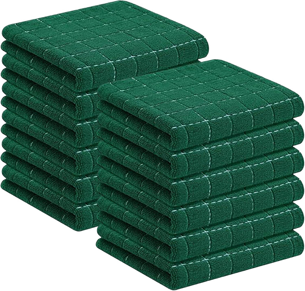 Homaxy 100% Cotton Terry Kitchen Towels(Dark Green, 13 x 28 inches), Checkered Designed, Soft and Super Absorbent Dish Towels, 12 Pack