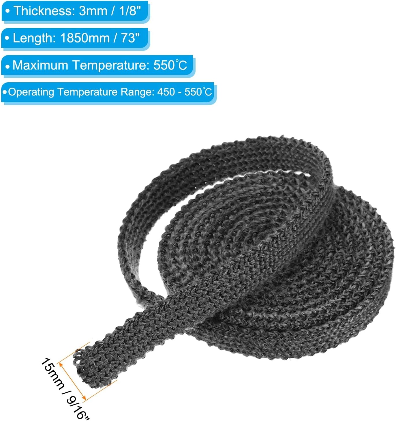 PATIKIL Wood Stove Gasket, 2Pcs 9/16" x 1/8" x 73" Flat Graphite Fiberglass High-Temperature Resistance Seal Rope for Stoves Fireplace Door, Black