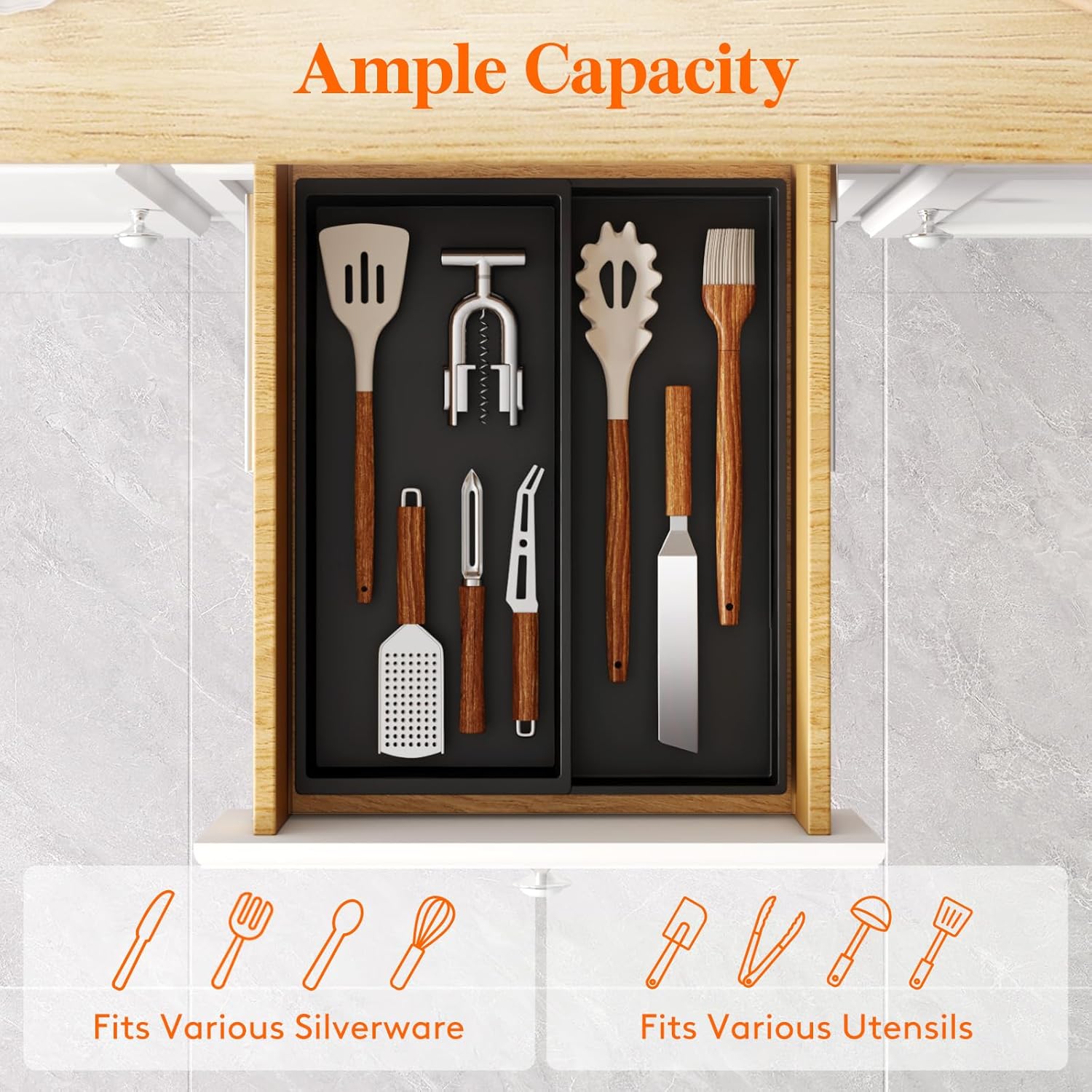 Lifewit Utensil Drawer Organizer, Expandable Cooking Silverware Tray for Kitchen Drawer, Adjustable Cutlery Flatware Holder, Plastic Spatula Tools and Gadgets Storage Divider, 2 Compartments, Black