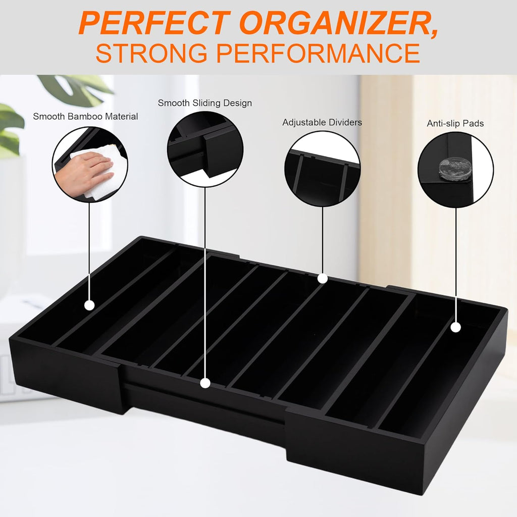 MinBoo Bamboo Drawer Organizer - Expandable K Cup & Pods Holder, Coffee Pod Storage, Tea Organizer, Versatile Kitchen Accessory Organization and Storage，Black