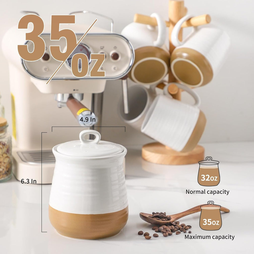 Ceramic Food Storage Jar,Coffee Canister for Countertop with Lids Airtight,Large Flour,Cereal,Spices,Beans,Rice and Candies Containers for Kitchen and Home,Farmhouse Kitchen Decor,35 OZ White