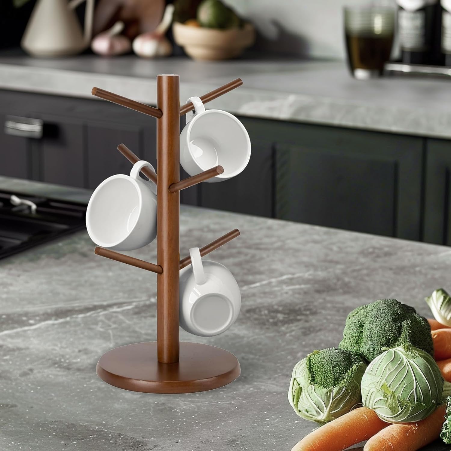 Wooden Mug Holder Tree, Coffee Cup Holder, Mug Organizer with 6 Hooks (Brown)