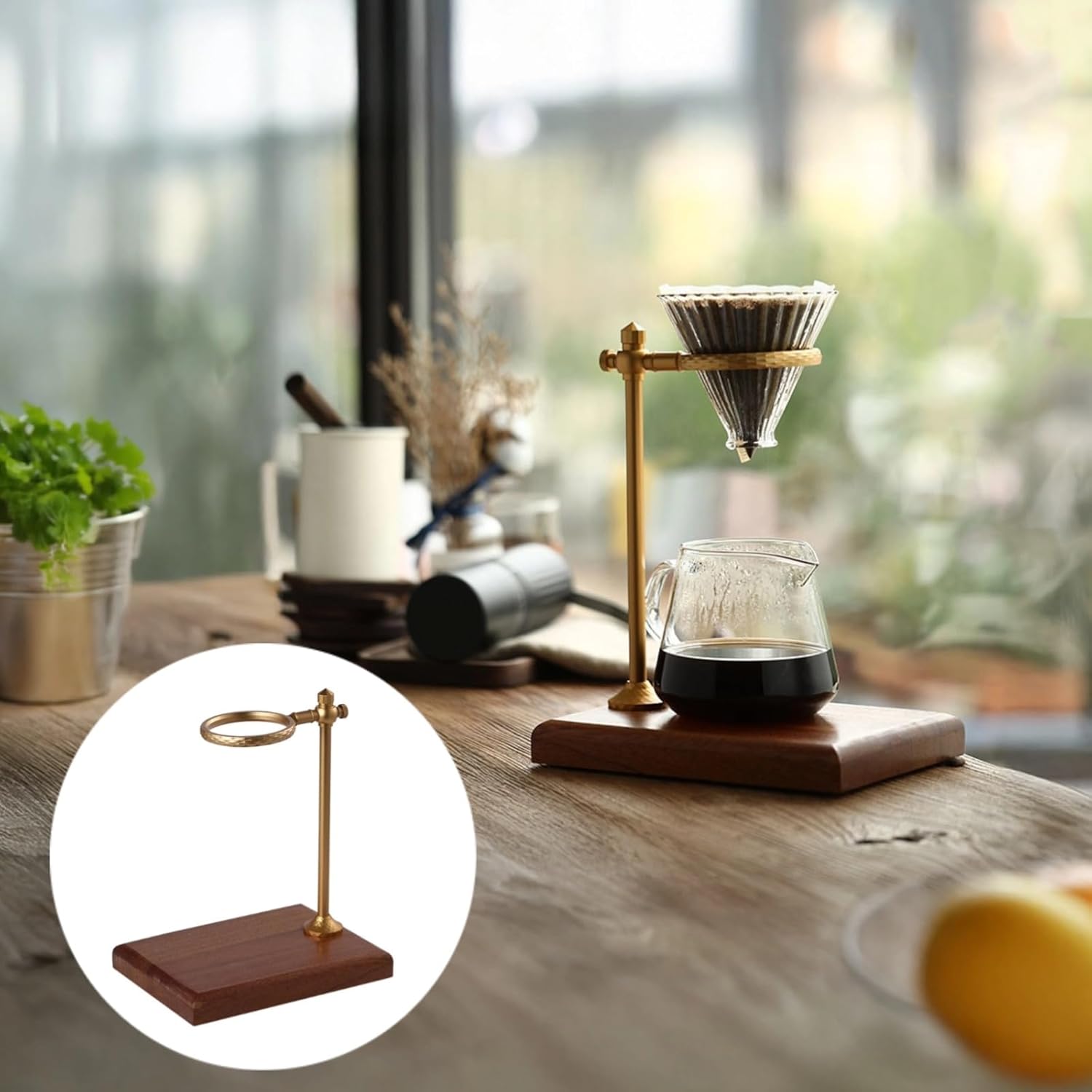 Pour Over Coffee Stand, Adjustable Dripper Holder, Solid Wood Base, Brass Metal Filter Brewer, Elegant Design for Home Office Cafe Bar Flavor Extraction