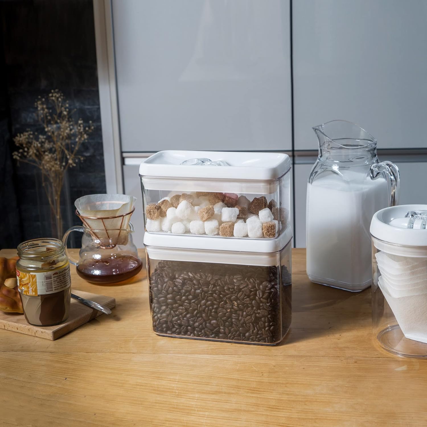 Felli Flip Tite Food Storage Container with Lid 4” RECTANGLE Airtight Ring Flip Lock Top, Stackable Acrylic Canister Set for Kitchen Fridge Pantry Organizer, Veggie Fruit Tea Bag Snack (1.1 qt)