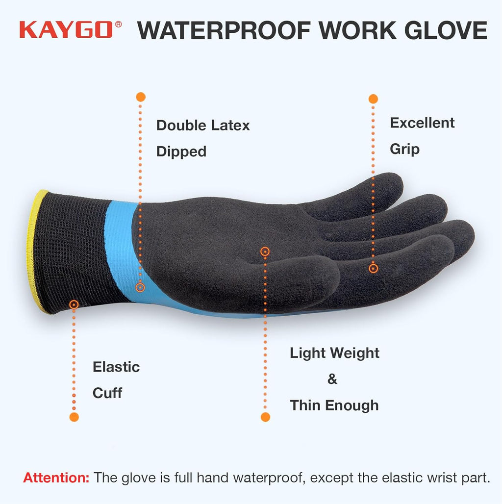 KAYGO Waterproof Work Gloves for Men and Women, Rubber Coated Non-slip Working Gloves for Garden, Outdoor Construction,KG150 （Sky Blue,L）
