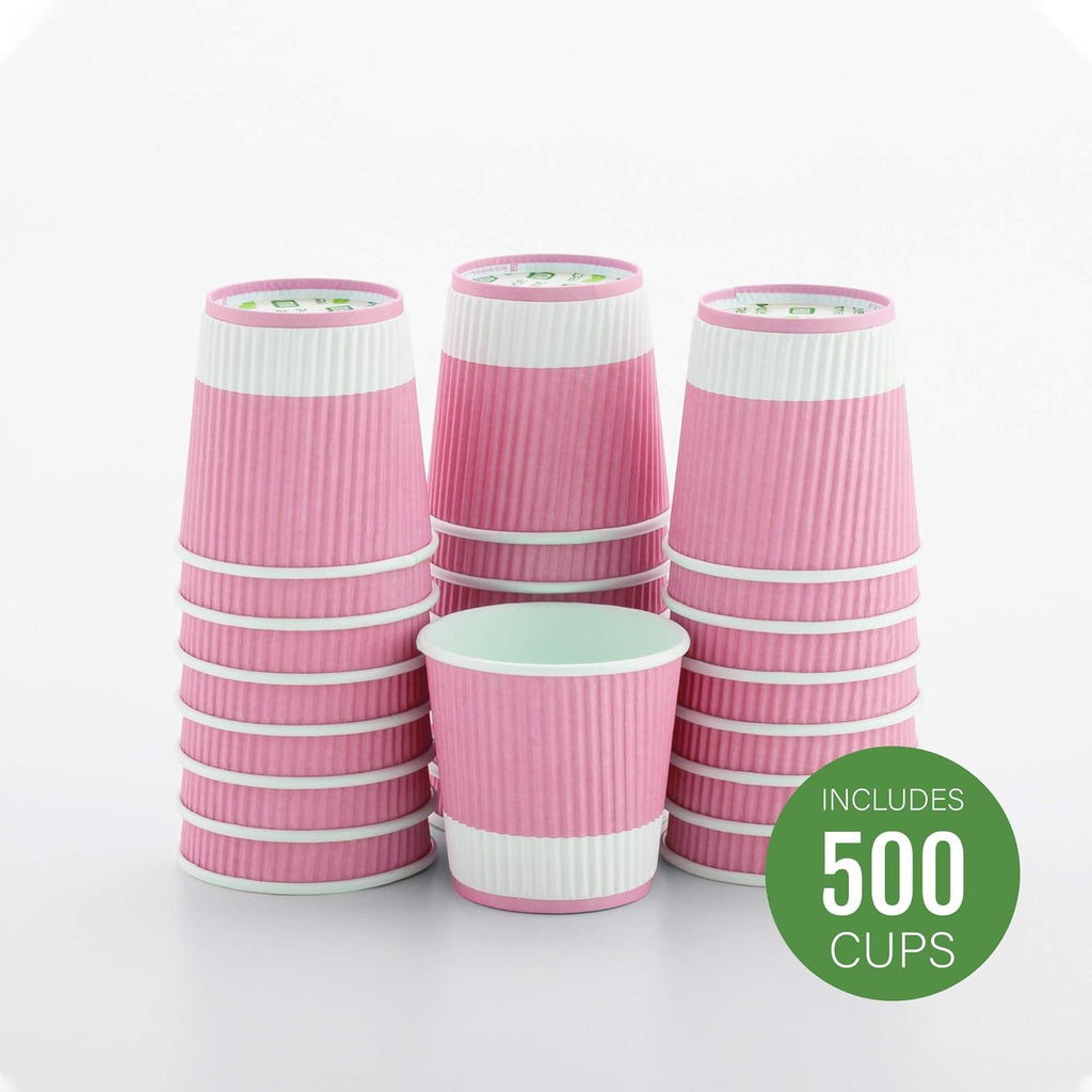 Restaurantware 4 Ounce Ripple Insulated Coffee Cups, 500 Double Wall Corrugated Tumblers, Leakproof, Non-Slip Light Pink Paper Design, Recyclable, Ribbed Surface, Matching Lids Sold Separately