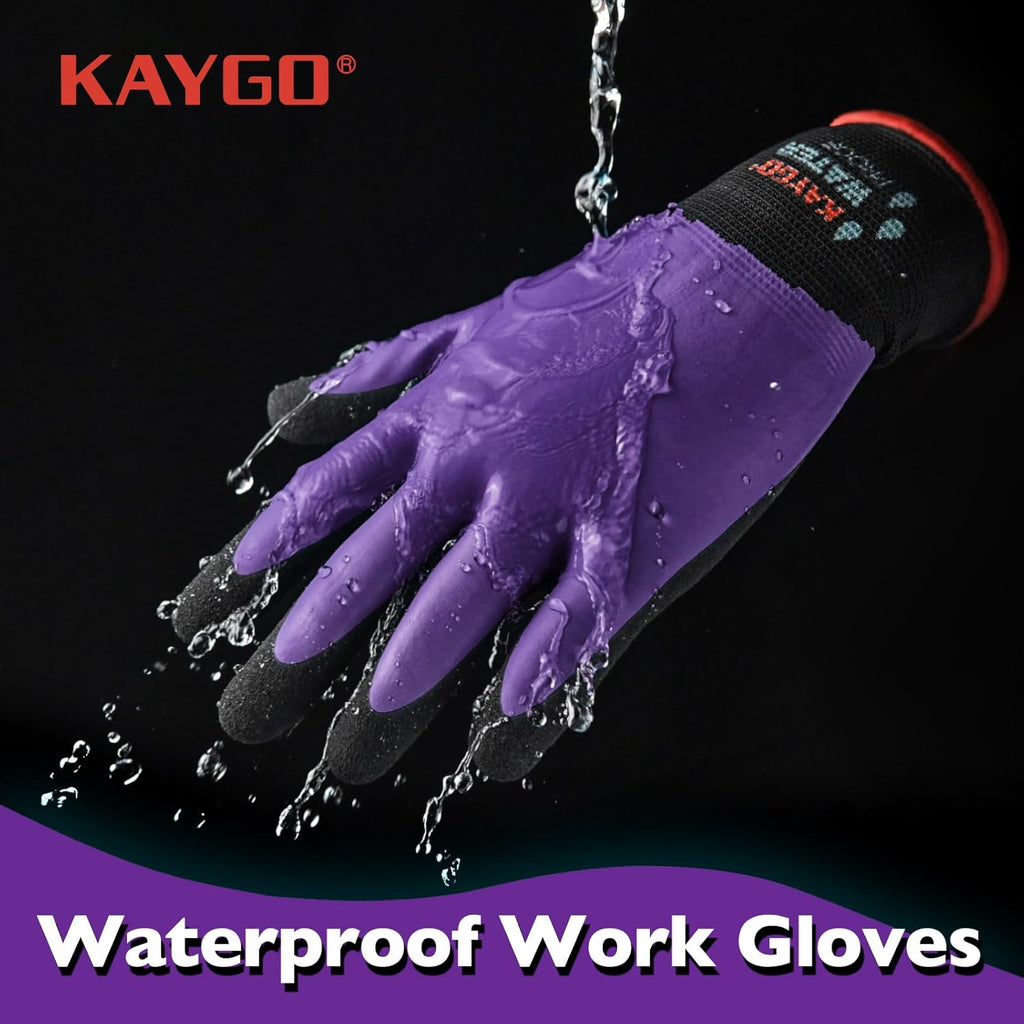 KAYGO Waterproof Work Gloves for Men and Women, Rubber Coated Non-slip Working Gloves for Garden, Outdoor Construction,KG150,Purple,L