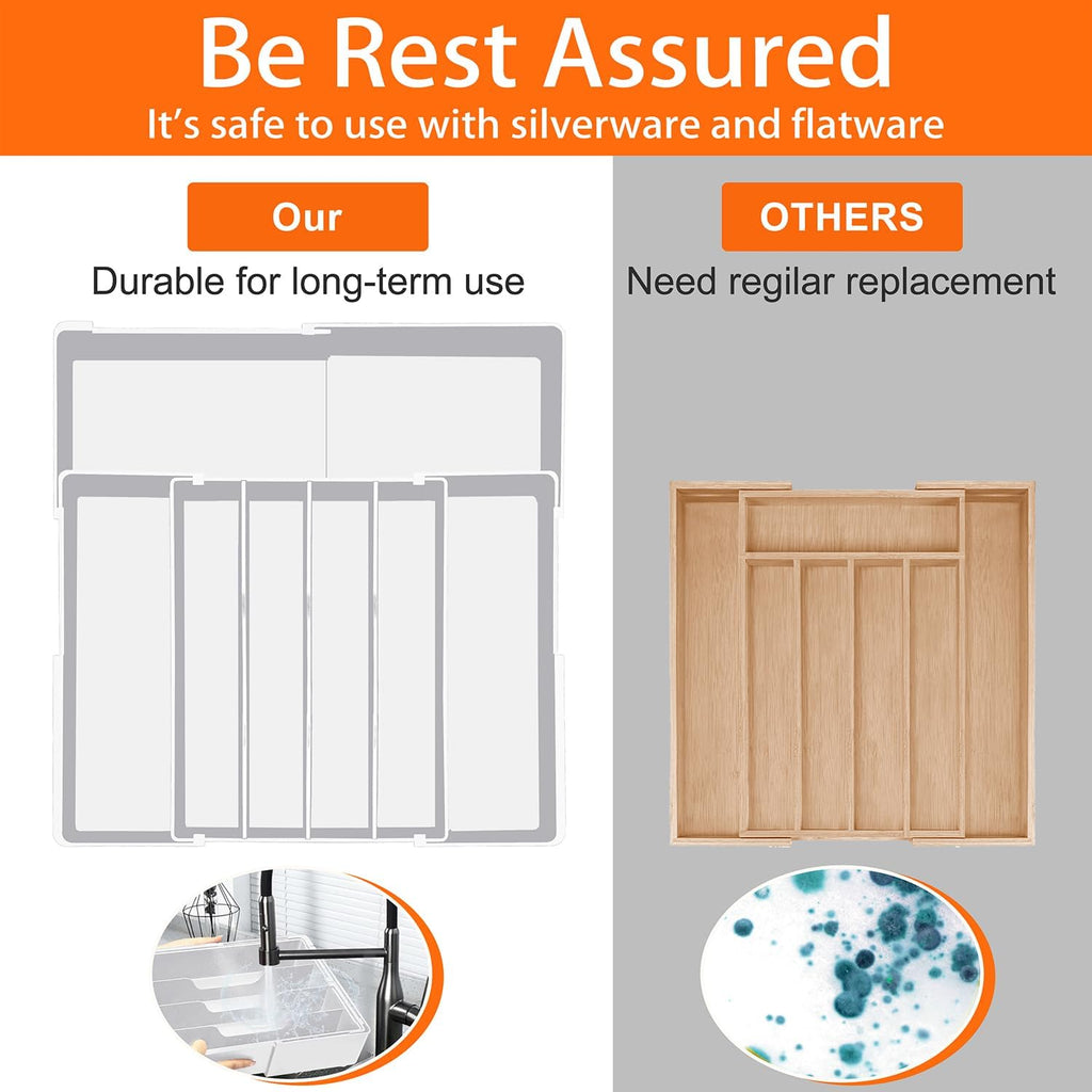 Silverware Organizer - Expandable Silverware Tray for Drawer, Adjustable Utensil Drawer Organizer for Forks, Knives, Kitchen Organizers and Storage, White