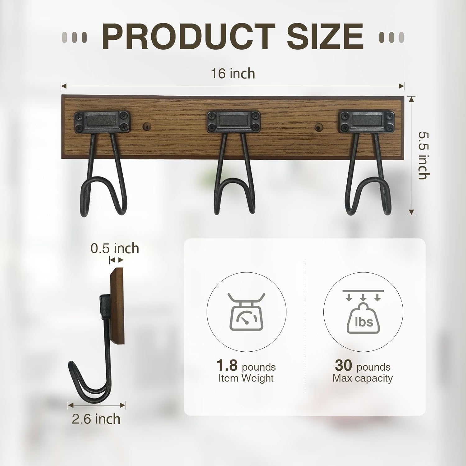 16" Wall Mounted Heavy Duty Label Hook Rack with 3 Hooks, for Hanging Coat, Hat, Jacket or Towel, Fit for Entryway, Hallway, Bedroom, Bathroom, Walk-in Closet and More - Brown/Black