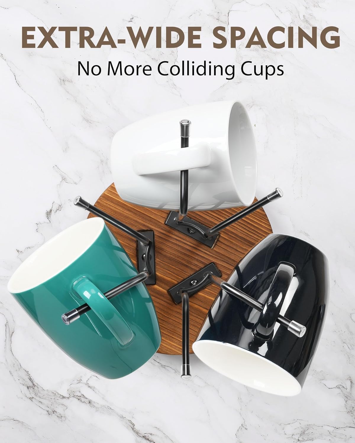 HULISEN 360° Rotating Mug Tree for Large Cups, Counter Coffee Mug Holder with 6 Hooks, Metal Coffee Cup Rack Stand for Countertop with Stable Wooden Base, Kitchen Counter Decor
