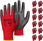 KAYGO Safety Work Gloves PU Coated for Men and Women, 12 Pairs KG11P Seamless Knit Glove with Polyurethane Coated Smooth Grip on Palm and Fingers, Ideal for General Duty Work (L, Red)